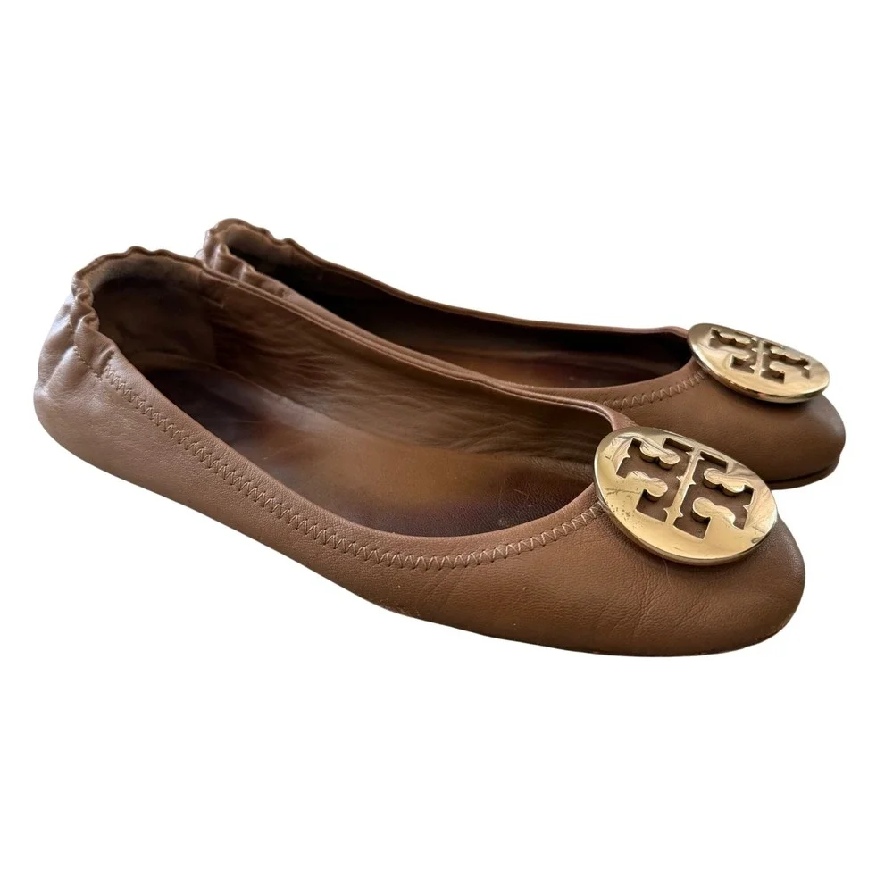 Tory Burch‎ Minnie Travel Ballet Flats Tan Leather Gold Logo 50393 Womens 8.5M
